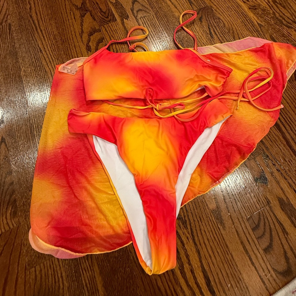 Vibrant Orange and Red Bikini Set with a Sarong